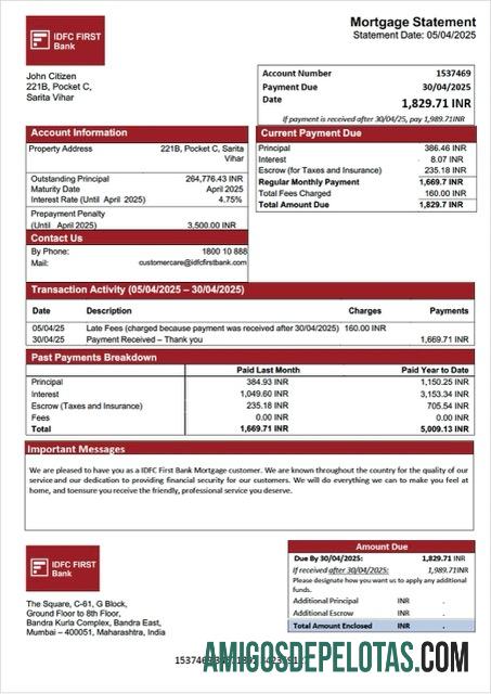 para download Modelo Word e PDF de declaração de hipoteca do primeiro banco IDFC da Índia